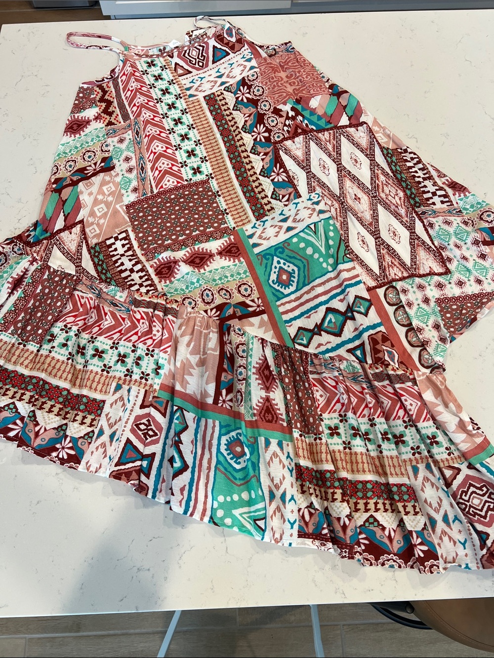 Boho Patchwork Ruffle Hem Women's top or dress- Multicolor